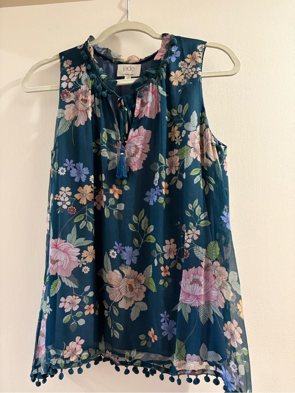 Jade Johnny Was Teal Floral Sleeveless Tassel Top